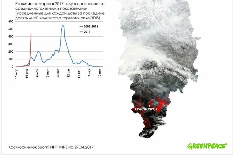Вот так выглядят пожары в Красноярском крае на космоснимке. Фото: официальный сайт «Гринпис России».