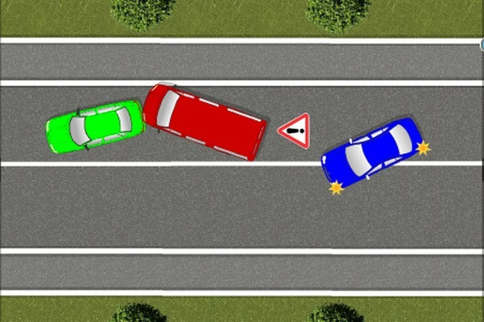 Зеленый и красный автомобили замерли после аварии. Что делать синему? Схема: конструктор "Автокадабра".