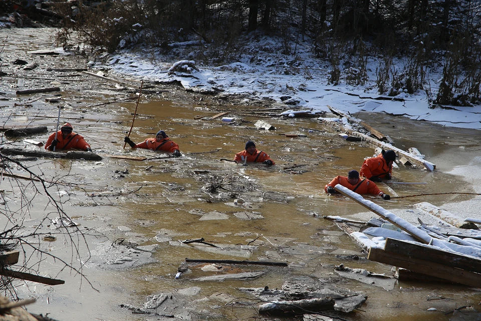 Спасатели по горло в воде прощупывают дно реки