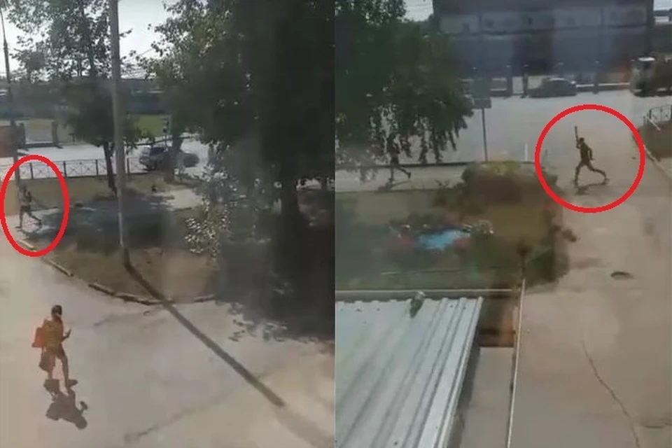В Первомайском районе прохожие засняли на видео, как неизвестный мужчина гоняется за прохожими с палкой в руках. Фото: Кадр из видео\"Подслушано Первомайка"\https://vk.com/perovomaika