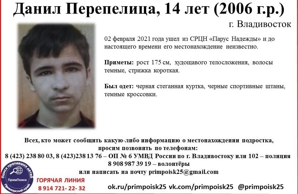Ориентировка на пропавшего Данила. Фото: ПРОО "Примпоиск"