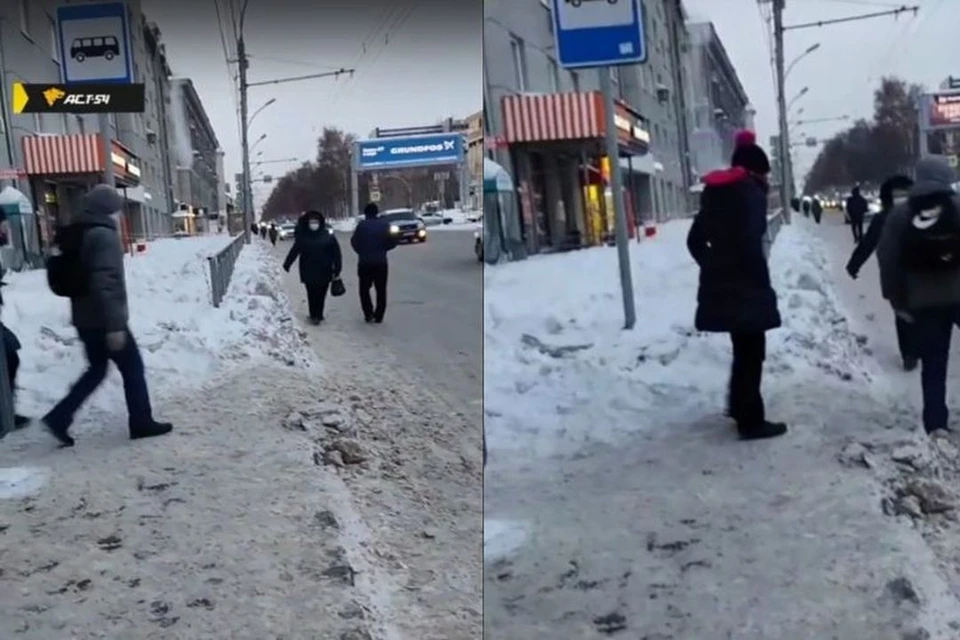 В центре Новосибирска прохожим приходится обходить по проезжей части тротуар, заваленный снегом. Фото: Кадр из видео\"АСТ-54"