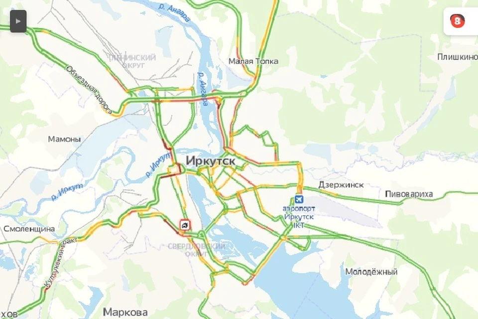 Восьмибалльные пробки образовались в Иркутске 11 мая утром. Фото: Яндекс