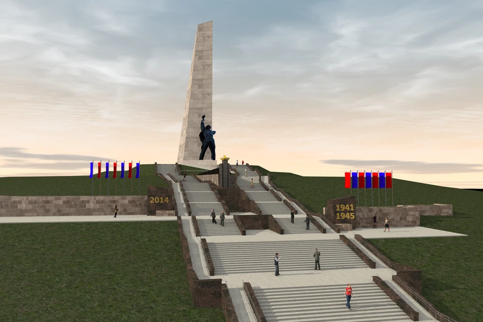 На верхней площадке справа от Вечного огня установят пилон «1941 – 1945», а слева, где захоронение погибших военнослужащих бригады «Восток», - «2014». Фото: Минстрой ДНР