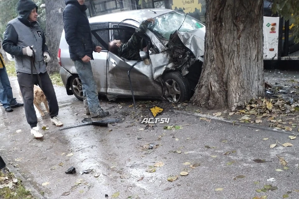 В Новосибирске минивэн влетел в дерево: водителя зажало в салоне. Фото: "АСТ-54".