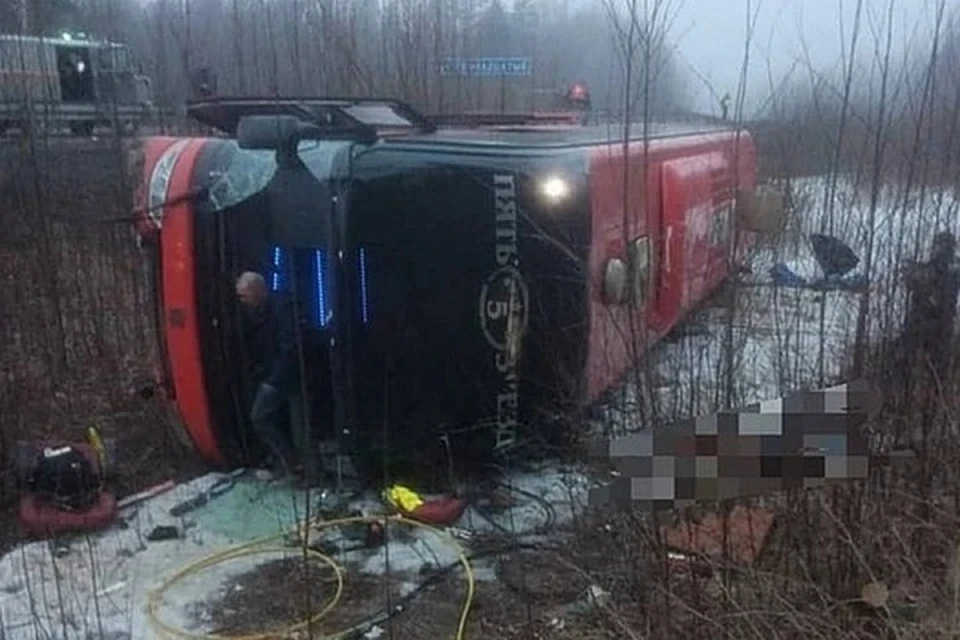 Автобус съехал в кювет и опрокинулся на бок. Фото: sovgavanrf Фото: Социальные сети