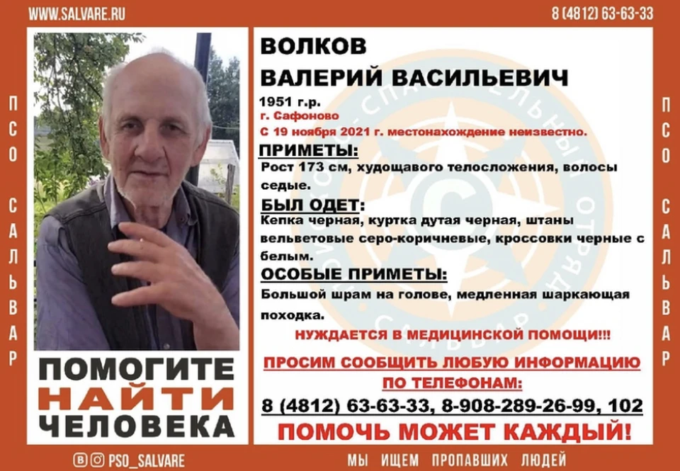 70-летний мужчина пропал в Сафонове. Фото: ПСО «Сальвар».