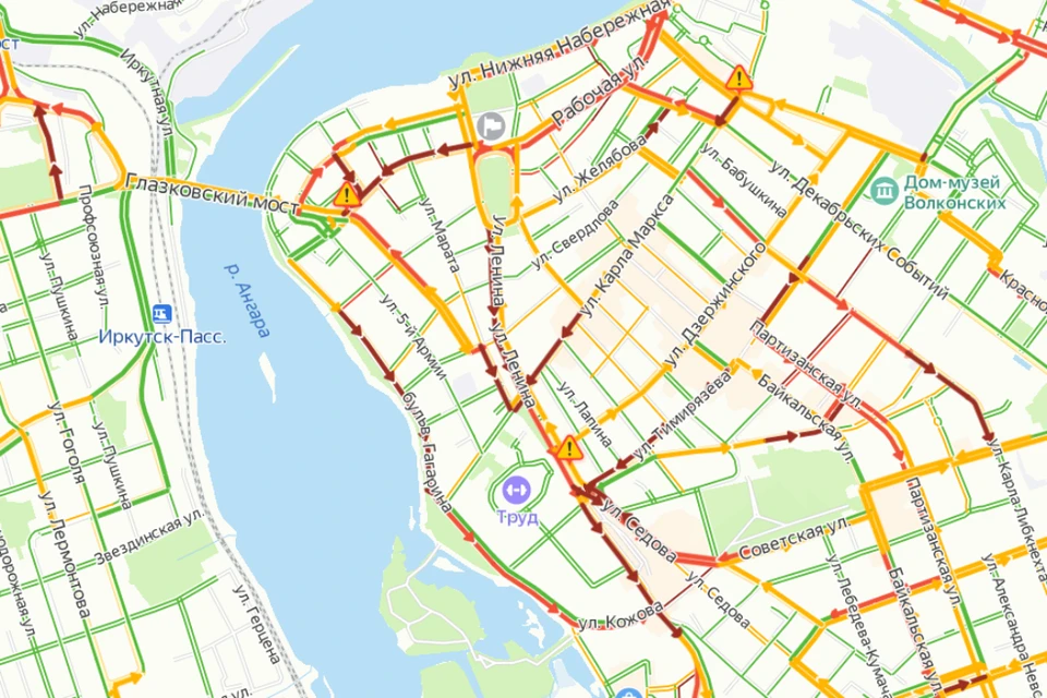 В Иркутске вновь пробки в 10 баллов вечером, 28 декабря. Фото: сервис "Яндекс.Пробки"