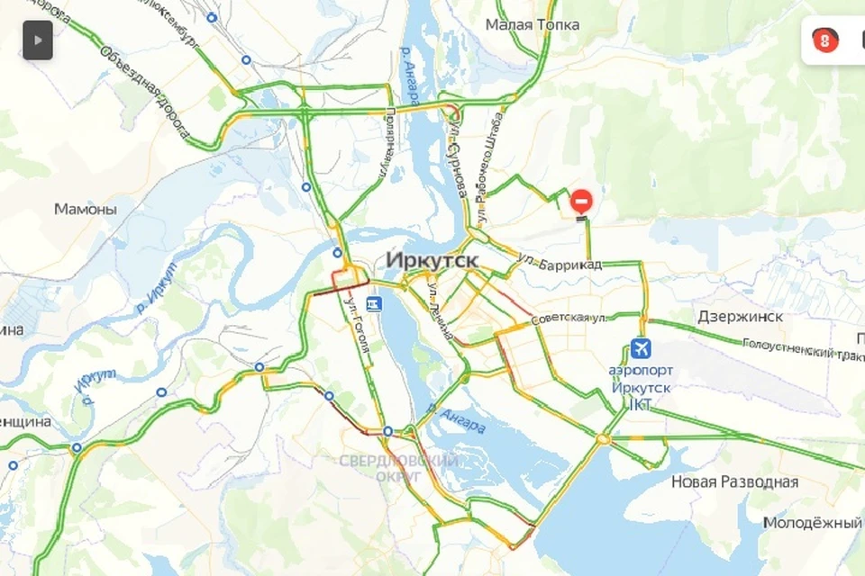 Пробки в Иркутске 19 января утром на дорогах города. Фото: Яндекс.Пробки