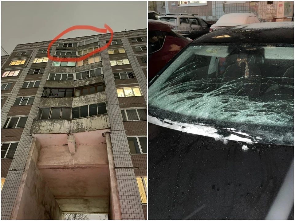 На улице Новоселов ледяная глыба повредила автомобиль. Фото: Илья ХРЕНКОВ.