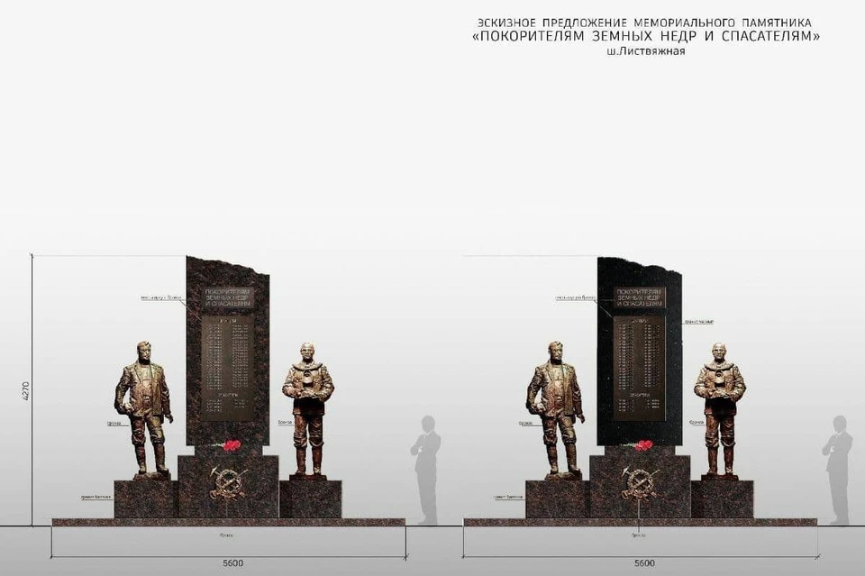 Выбран вариант мемориала из двух фигур и вертикальной плиты с именами погибших. Фото: Telegram-канал «Кузбасс.Официально».