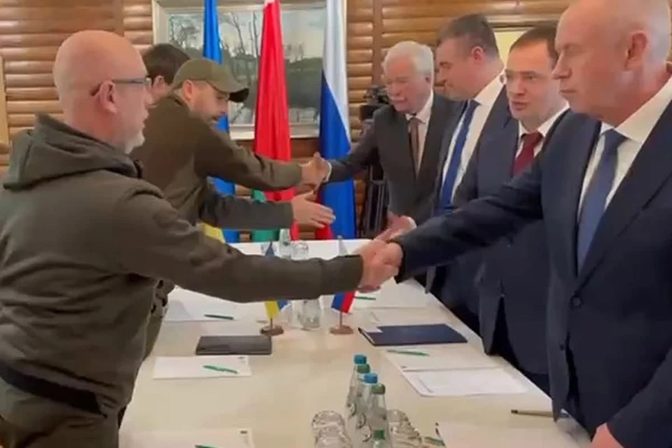 Члены российской и украинской делегаций на переговорах пожали друг другу руки