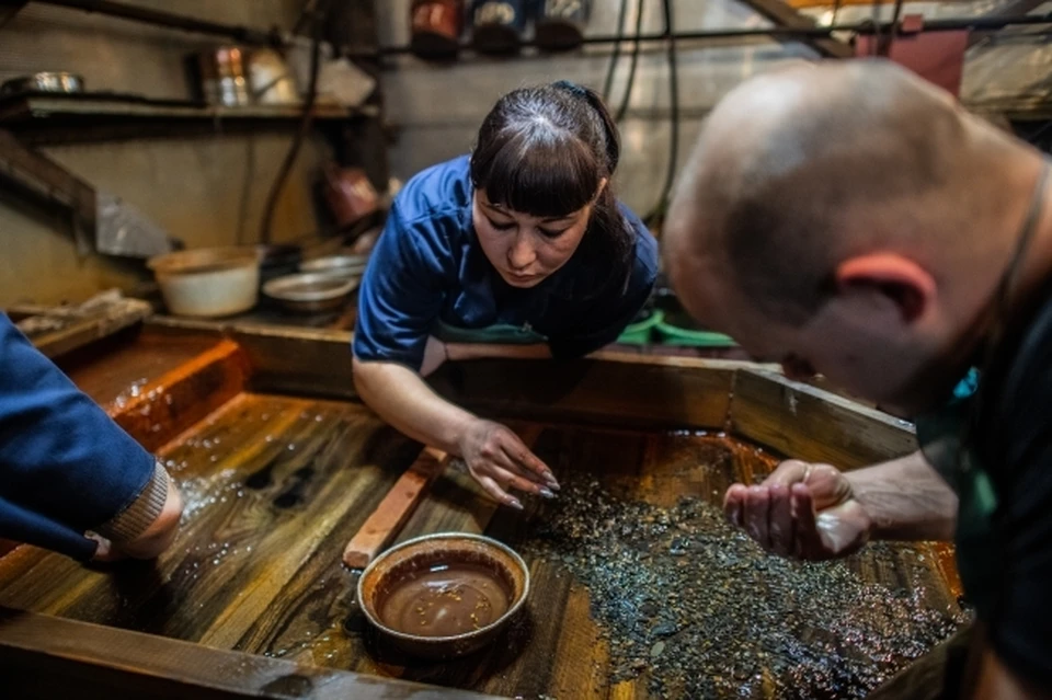 Сотрудники промывают золотоносный грунт на одной из драг