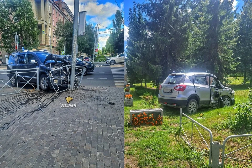 После ДТП одну из машин отбросило на газон, а другая врезалась в столб. Фото: "АСТ-54"
