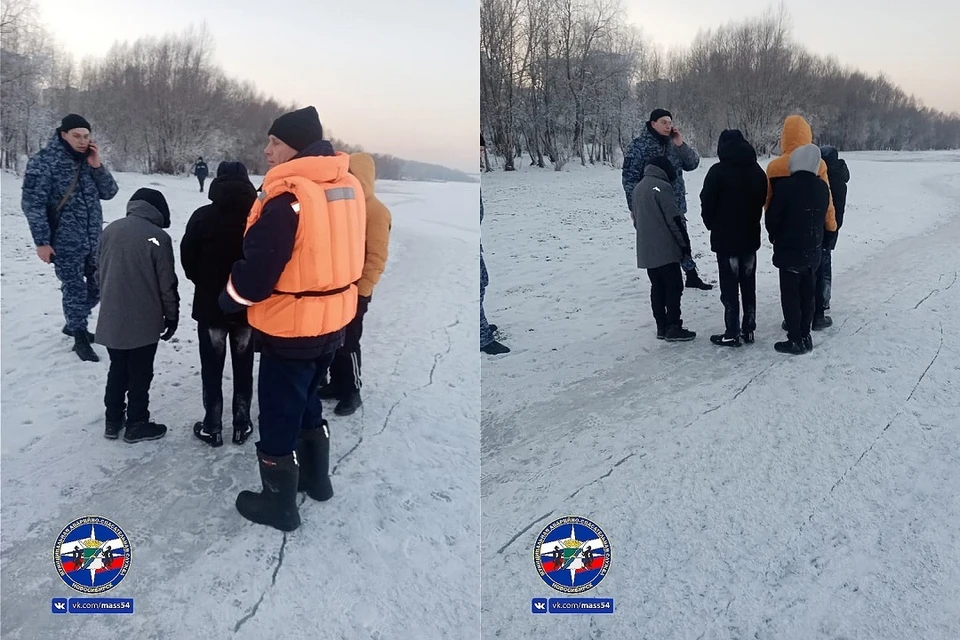 В Новосибирске спасатели сняли со льда пятерых детей, устроивших опасные игры. Фото: МАСС.