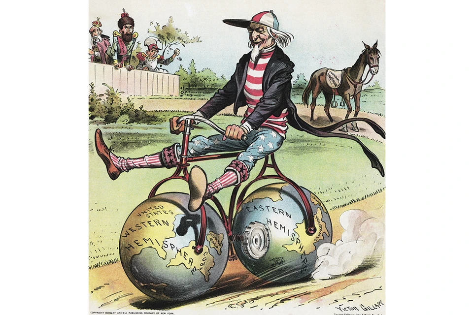 Это карикатура 1898 года. Уже тогда мир поражался наглости американцев, которые пытались оседлать сразу оба полушария земли. Фото: Bettmann Archive/Getty Images