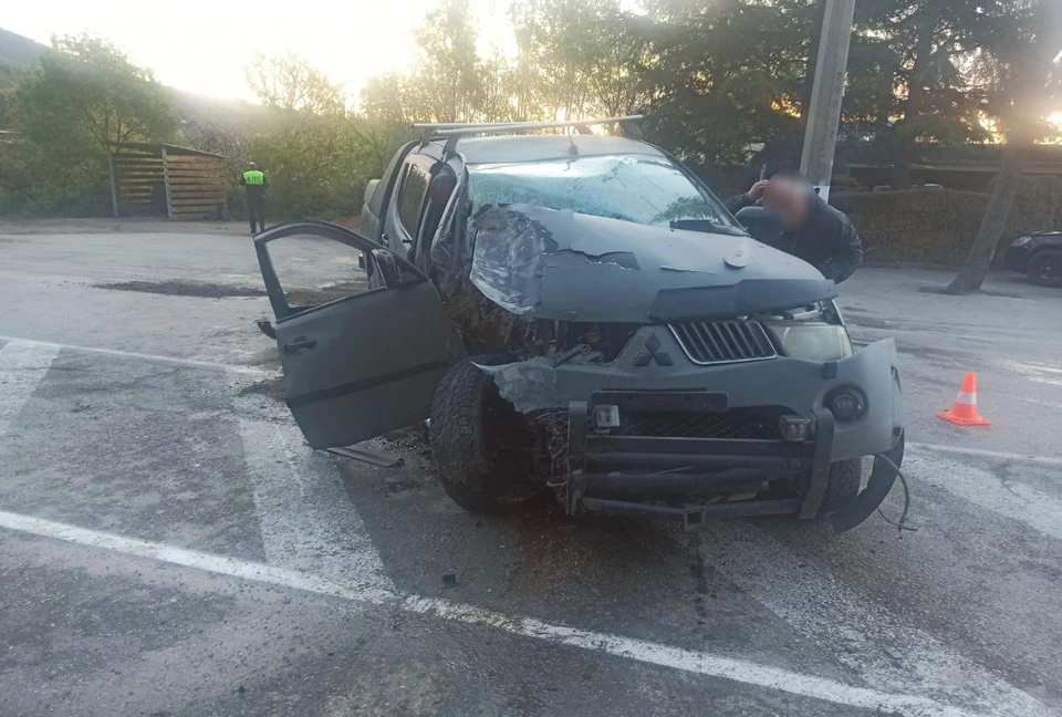 Водитель пикапа не справился с управлением и влетел в опору ЛЭП. Фото: МВД России по Республике Крым