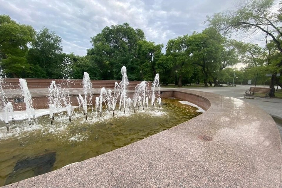 Вышедший из строя фонтан с зеленой водой портит общий вид парка.