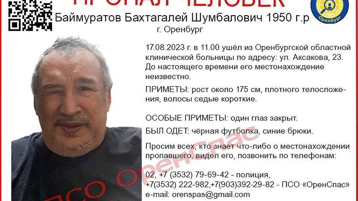 В Оренбурге пенсионер с деменцией ушел из больницы на улице Аксакова и  пропал - KP.RU