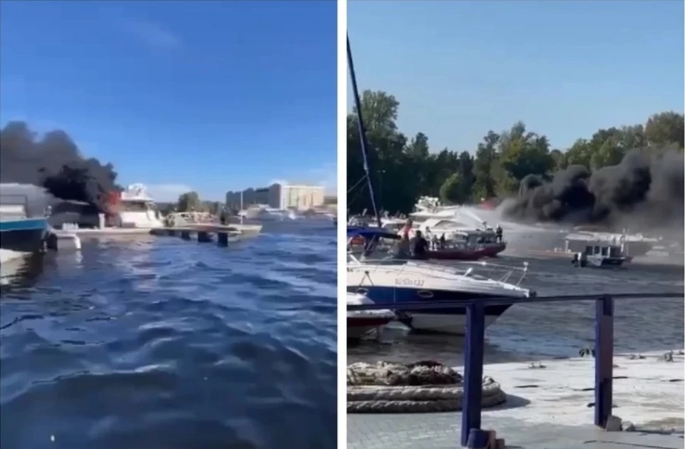 Двухпалубная яхта загорелась на Крестовском острове в Петербурге Фото: соцсети