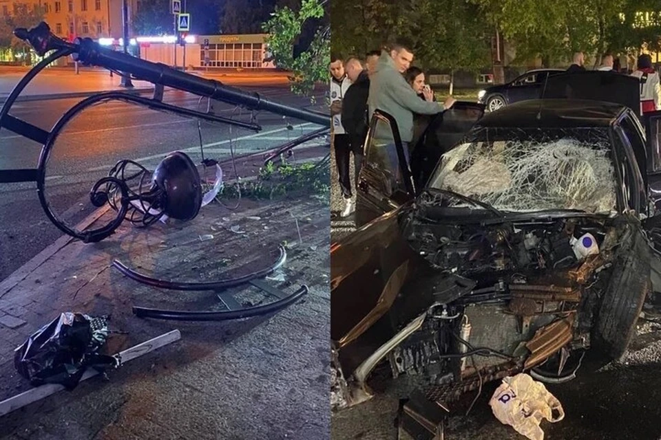 В Тюмени в центре города девушка снесла опору освещения и разбила машину. Фото: соцсети