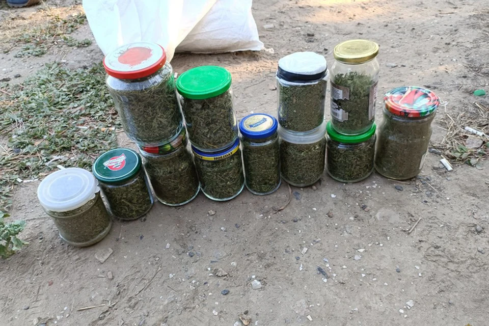 Житель Долматовки хранил в доме 12 банок и пять газетных свертков с коноплей общим весом в килограмм. ФОТО: тг-канал ГУ МВД России по Херсонской области