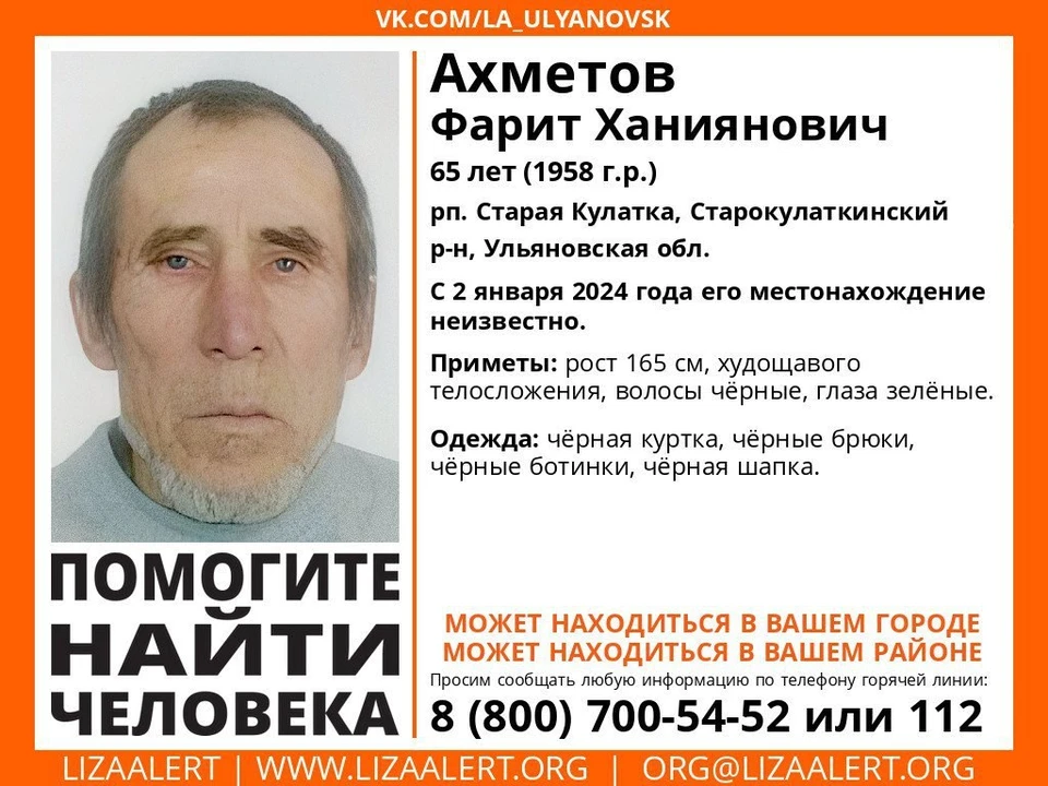 В Ульяновской области со 2 января разыскивают 65-летнего мужчину | ФОТО: телеграм-канал ДПСО "ЛизаАлерт" Ульяновской области