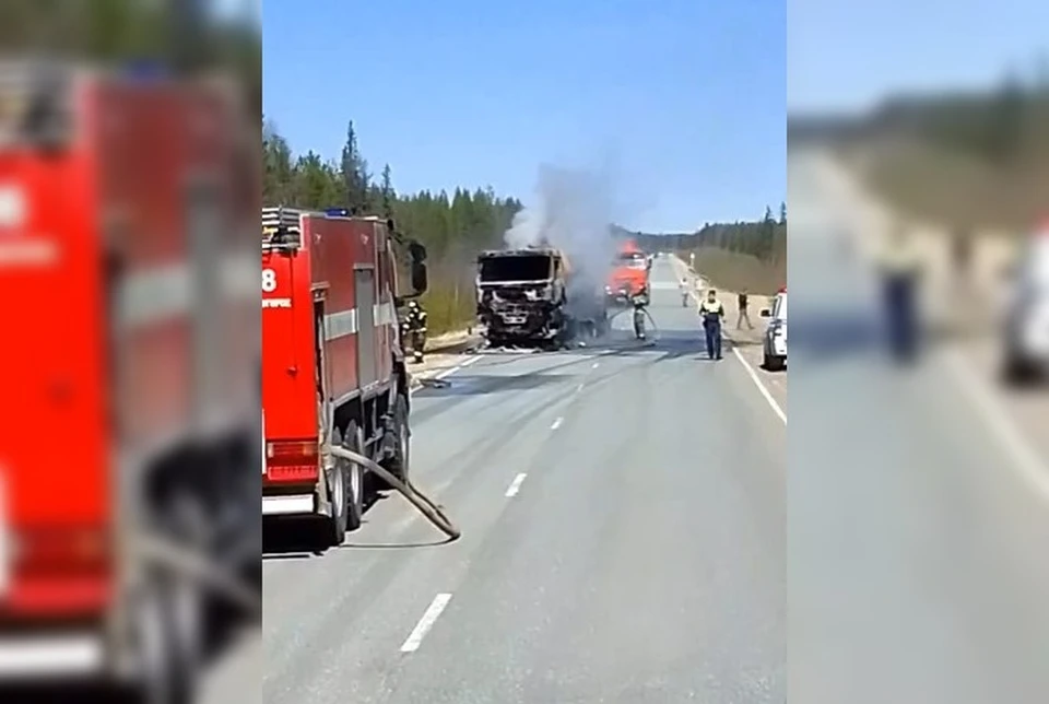 На трассе Ухта - Печора загорелась автоцистерна. Фото: скриншот видео.