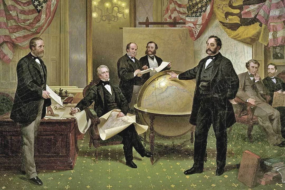 Договор о продаже Аляски подписали 30 марта 1867 года. С российской стороны в переговорах участвовали секретарь русской миссии в Вашингтоне Владимир Бодиско (за глобусом с усами) и дипломат Эдуард Стекль (стоит у глобуса).