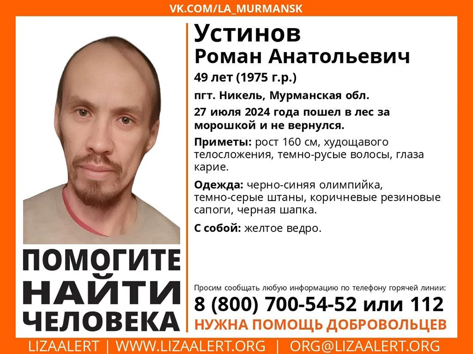 Любую информацию о местонахождении пропавшего просят сообщать по телефону горячей линии «ПСО Лиза Алерт» : 8 800 700-54-52 или по номеру 112. Фото: Поисковый отряд "ЛизаАлерт" Мурманской области / vk.com/la_murmansk
