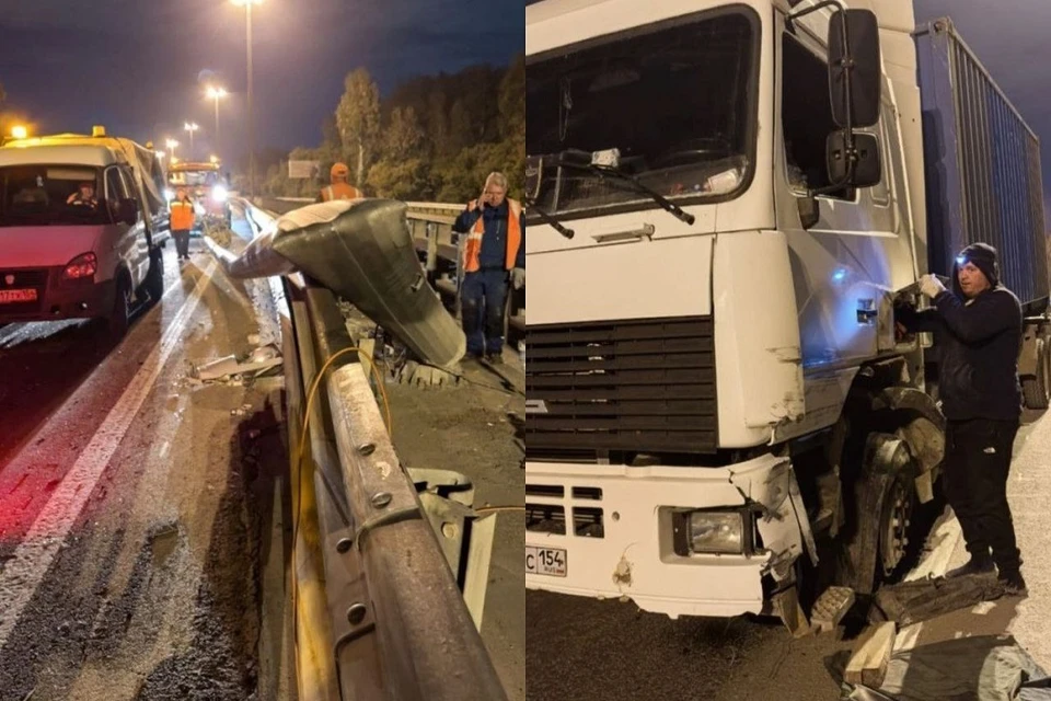 Световую опору снёс грузовик на Советском шоссе в Новосибирске. Фото: ТУАД Новосибирской области.