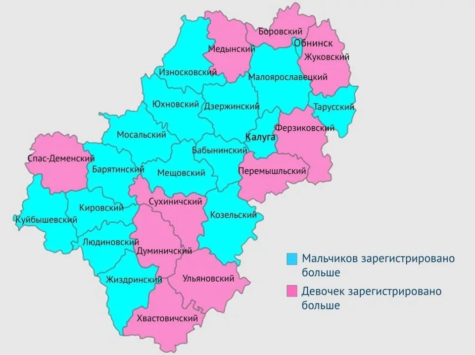 В Калужской области показали районы, где рождается больше девочек и мальчиков