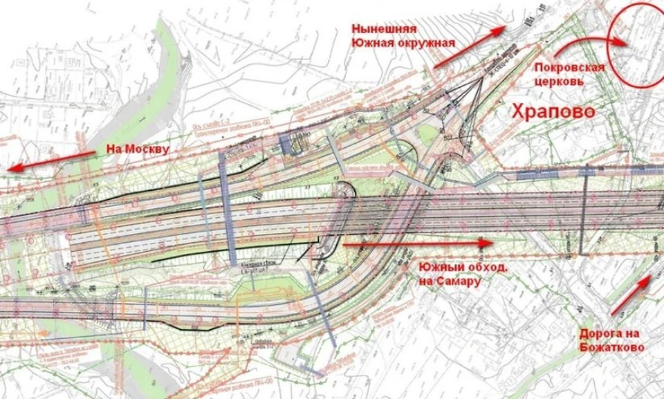 Чертеж развязки нынешней Южной окружной и будущего Южного обхода Рязани в Храпове.