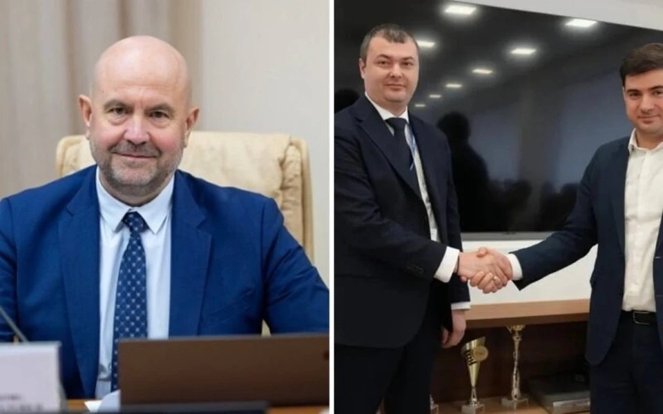 Администратор аэрогавани Серджиу Споялэ вместе с Романом Кожухарем из Агентства публичной собственности (APP) и Владимир Боля.