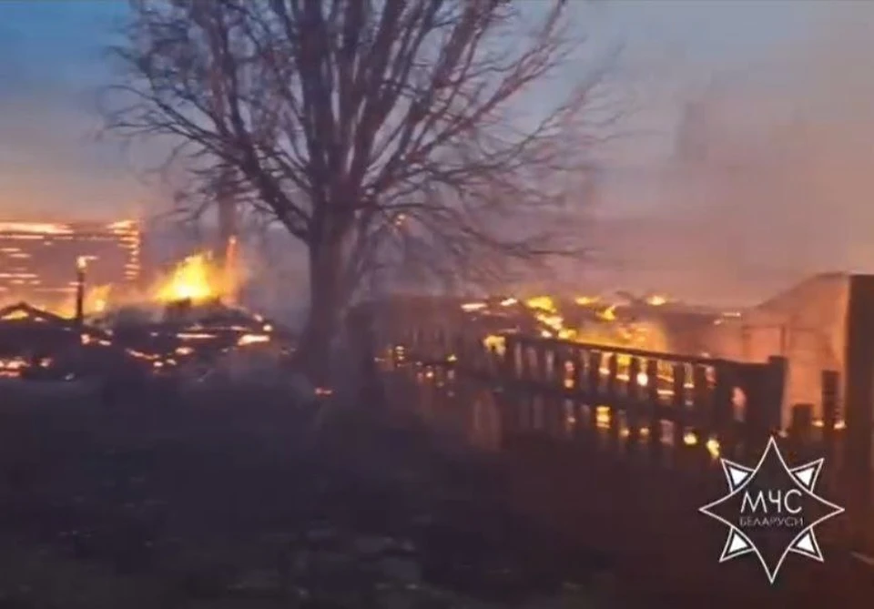 В одной из деревень Воложинского района возник серьезный пожар. Фото: кадр видео МЧС Беларуси.