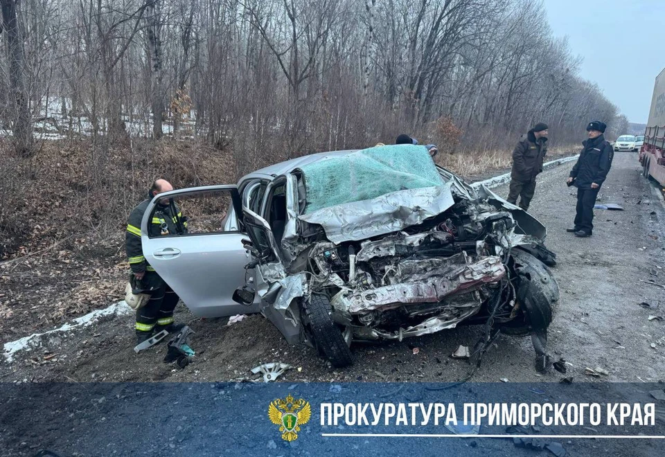 Водитель Toyota Vitz выехал на встречку и столкнулся с большегрузом. Фото: Прокуратура Приморского края