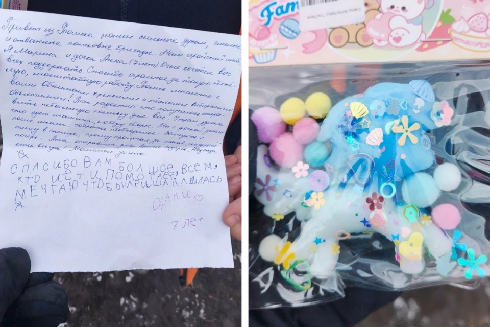 Семилетняя Аня из Томска передала подарок Арине Усольцевой и попросила поисковиков вручить его девочке, когда ту найдут.