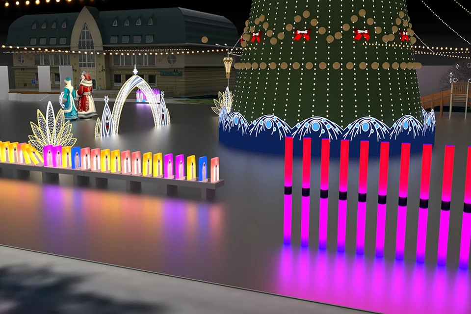 Световой комплекс «Домино» (слева) и светящиеся колонны. Эскиз из документации / zakupki.gov.ru