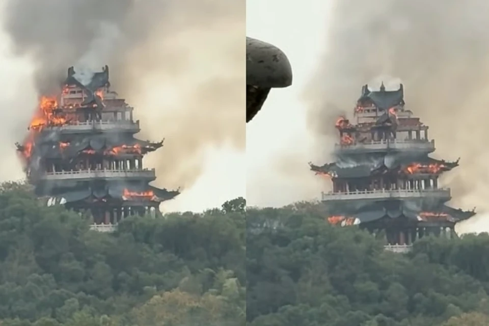 Мощный пожар охватил 1500-летний храм в Китае. Фото: @ShanghaiEye.