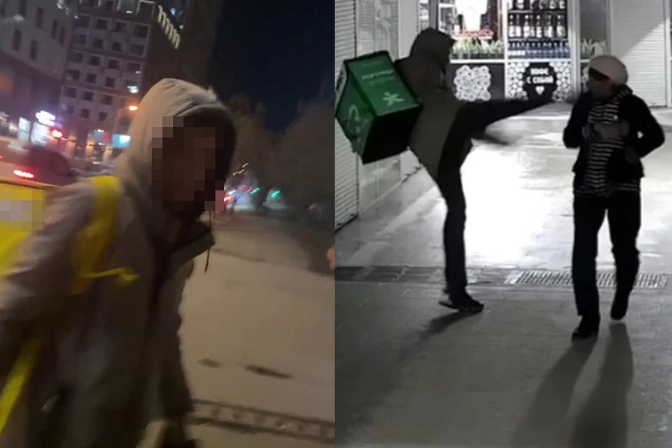В октябре курьер (слева) плюнул в прохожую, в декабре избил девушку и пнул бабушку (справа). Фото: Предсотавлено потерпевшей // Кадр с камер наблюдения, опубликованный в "АСТ-54"