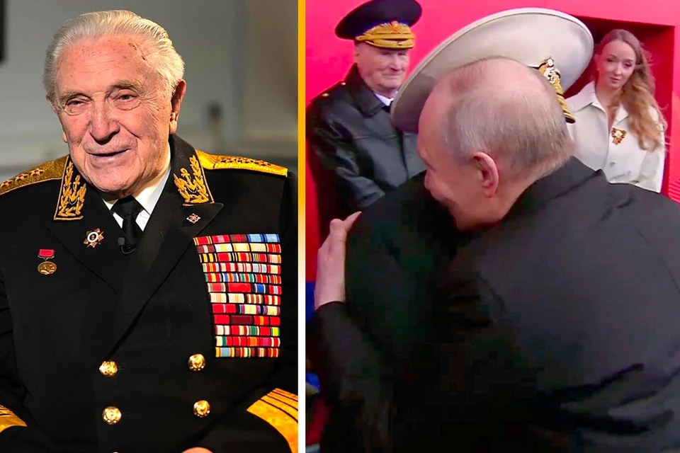 Владимир Путин обнял ветерана Великой Отечественной, адмирала Света Турунова после парада на Красной площади. Фото: историяотпервоголица.рф, Кадр видеотрансляции