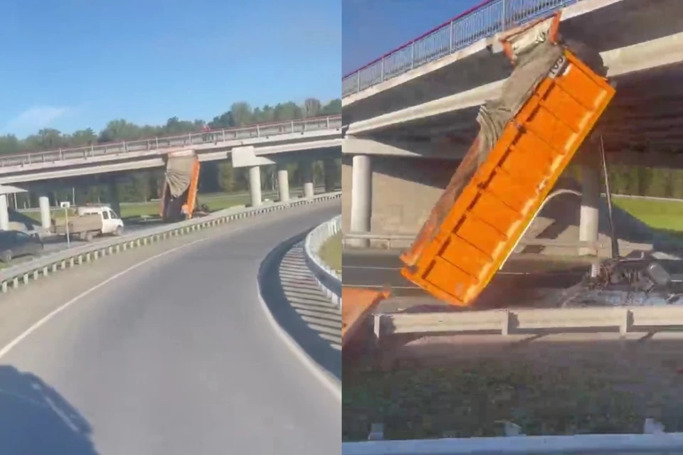 Кузов самосвала оторвало после удара о путепровод под Новосибирском. Фото: АСТ-54