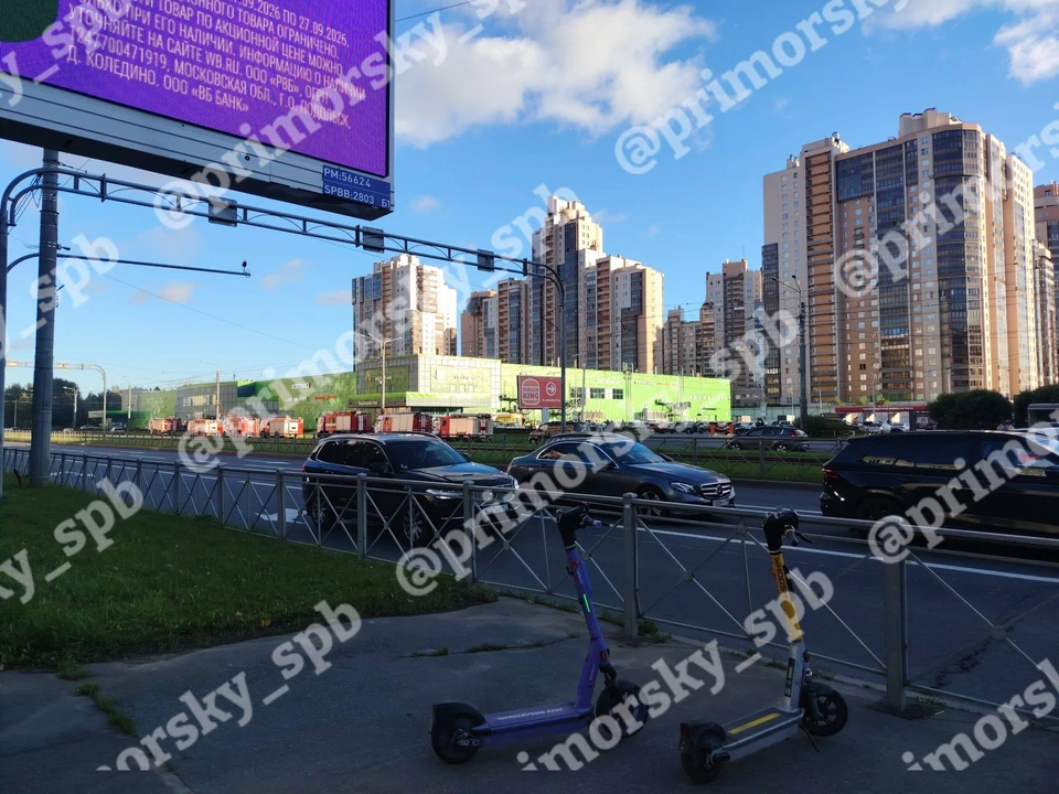 Пожарные машины съехались к торговому комплексу на улице Савушкина. Фото: t.me/primorsky_spb