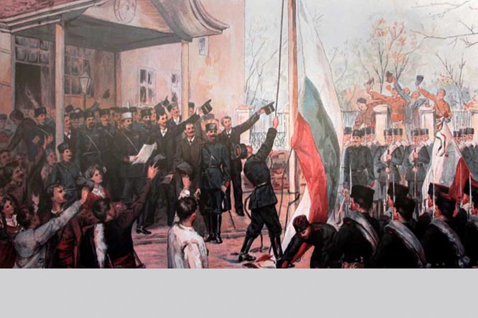 «Объявление Воссоединения 6 сентября 1885 г. в Пловдиве», цветной рисунок, изданный в массовом тираже в Вене художником Францем Яшке. Фото: БТА