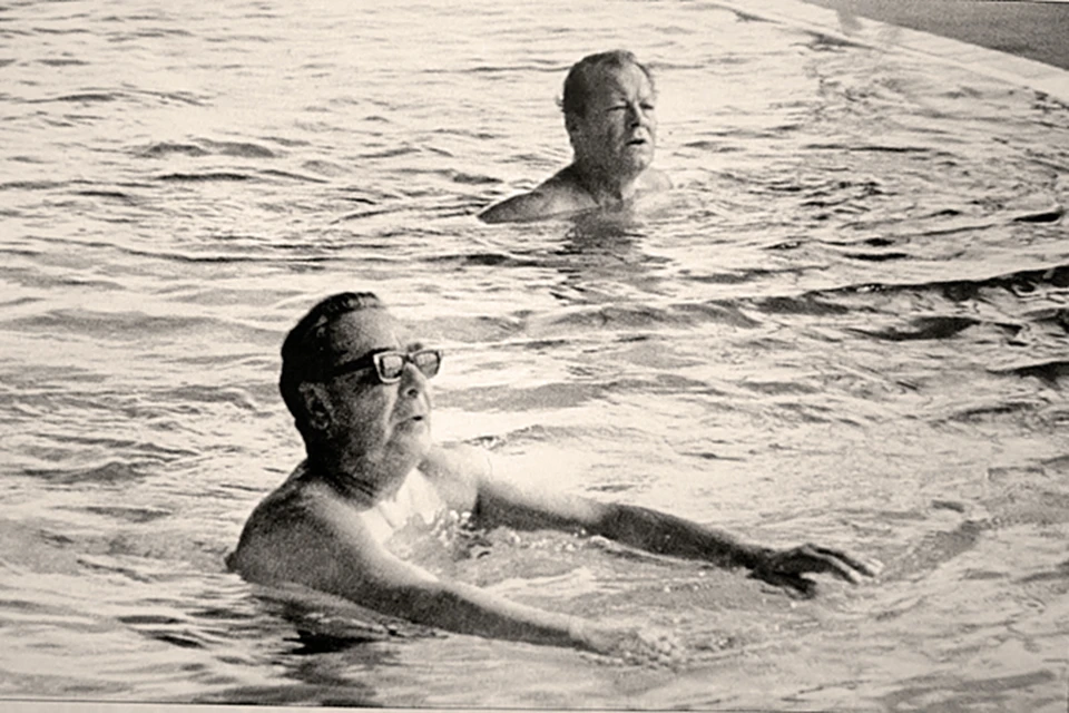 Леонид Брежнев и канцлер ФРГ Вилли Брандт в бассейне в Крыму. Леонид Ильич одолжил немецкому политику свои запасные плавки.